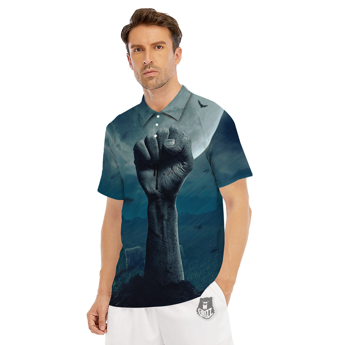 Zombie Hand Rising From Grave Print Men's Golf Shirts-grizzshop