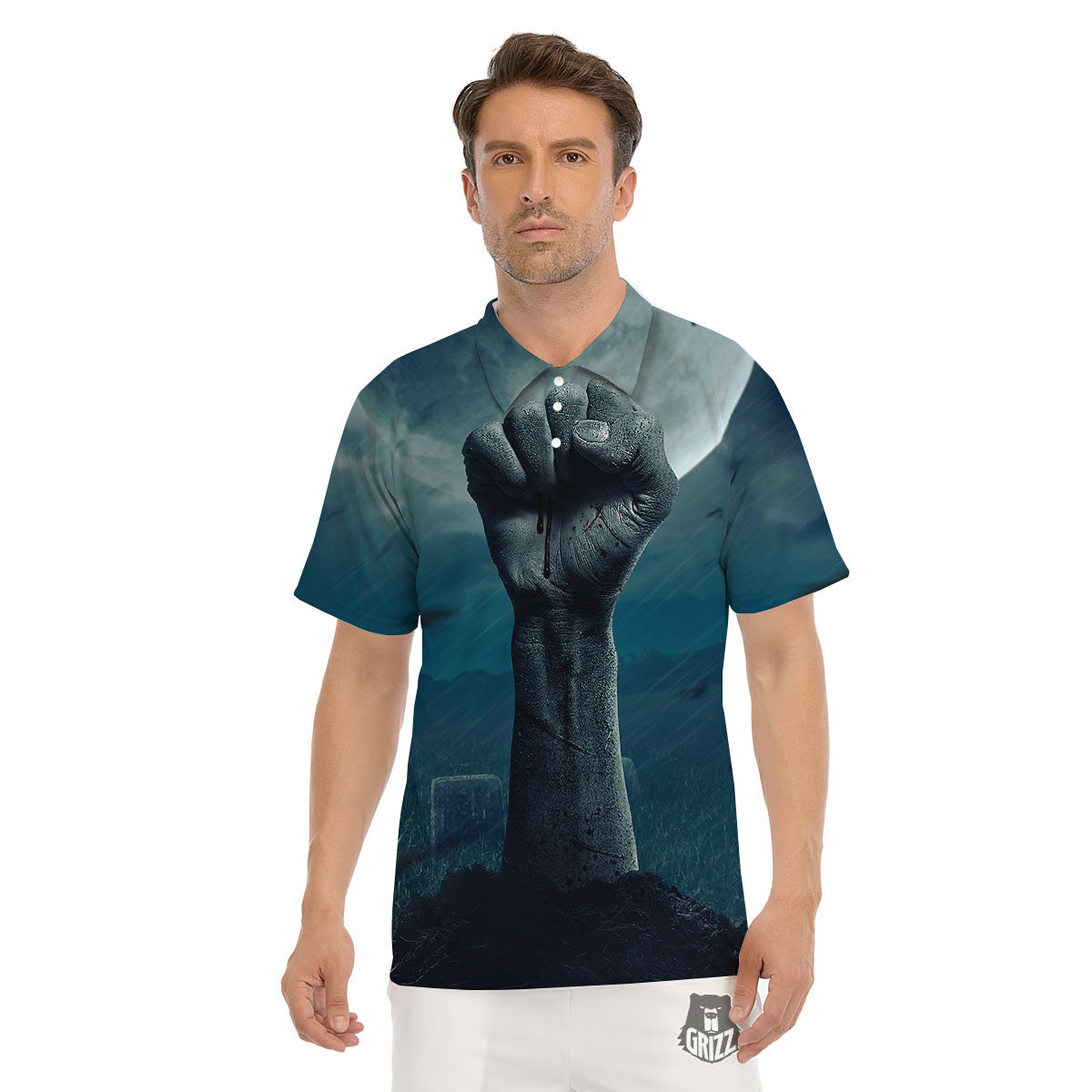 Zombie Hand Rising From Grave Print Men's Golf Shirts-grizzshop