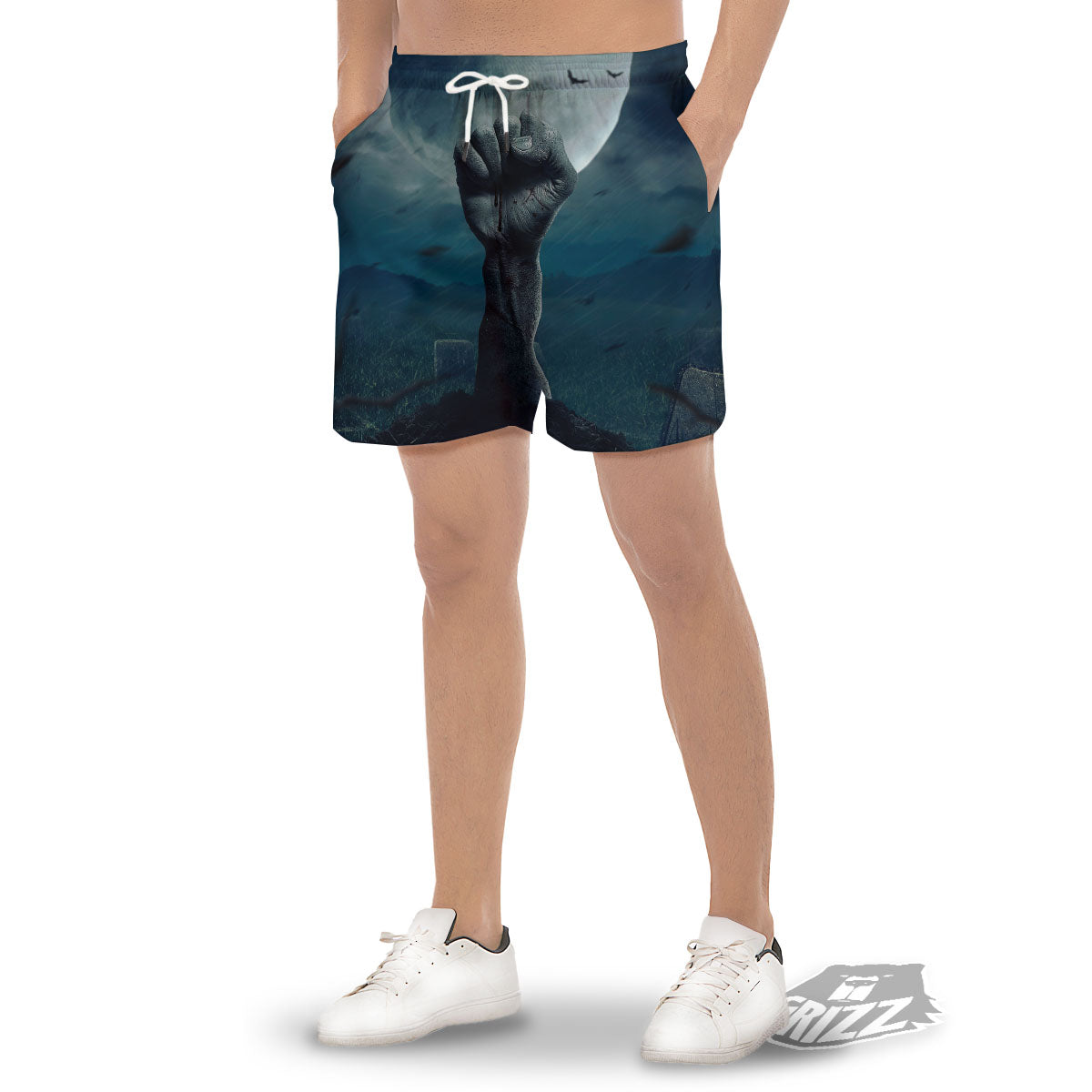 Zombie Hand Rising From Grave Print Men's Gym Shorts-grizzshop