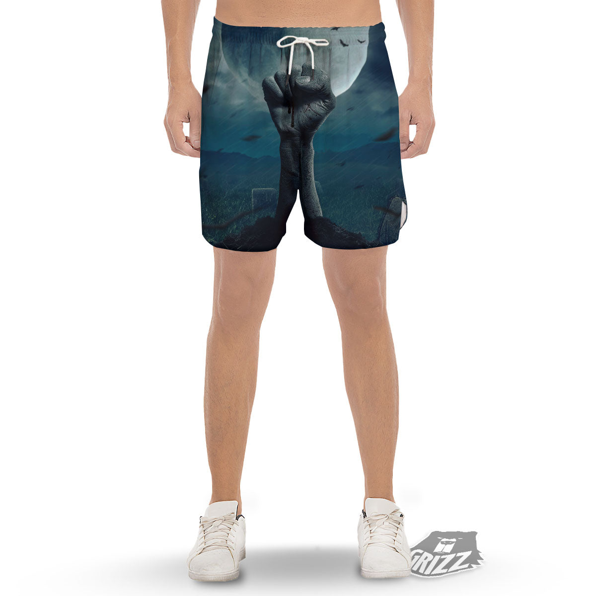 Zombie Hand Rising From Grave Print Men's Gym Shorts-grizzshop