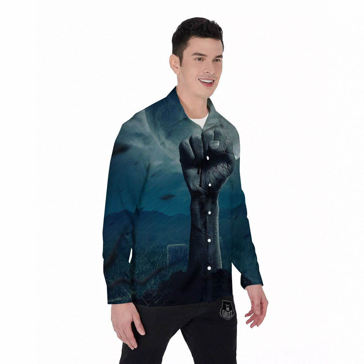 Zombie Hand Rising From Grave Print Men's Long Sleeve Shirts-grizzshop