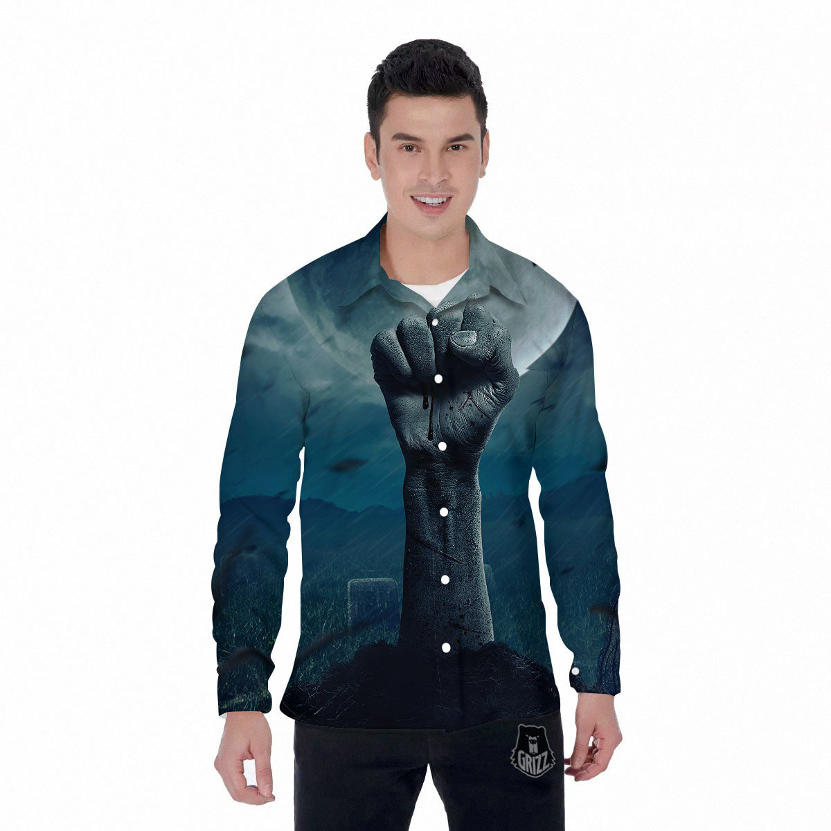 Zombie Hand Rising From Grave Print Men's Long Sleeve Shirts-grizzshop