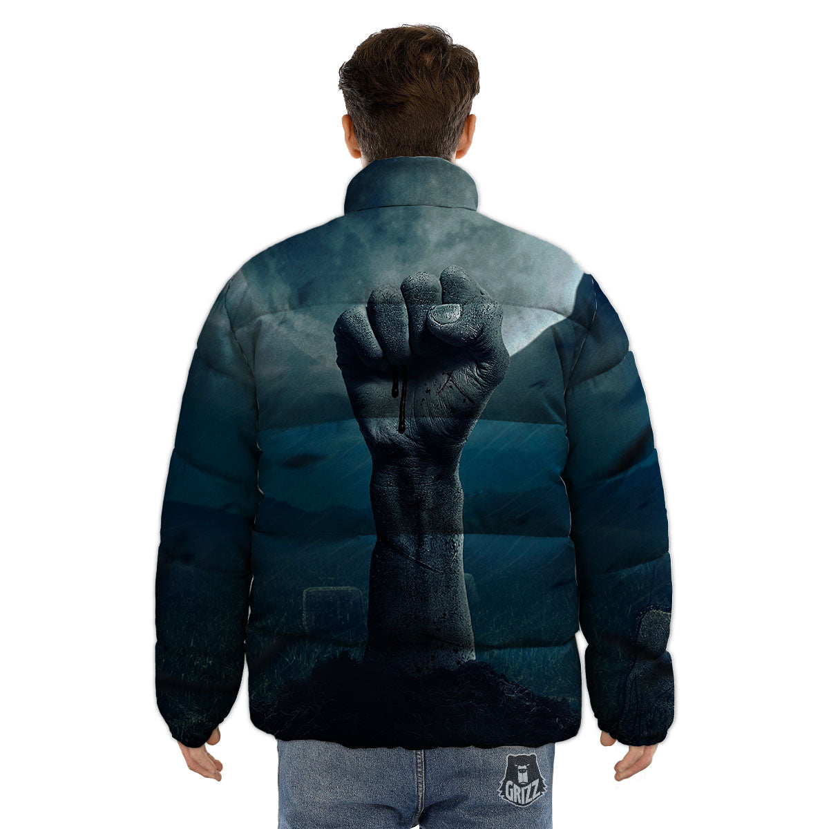 Zombie Hand Rising From Grave Print Puffer Jacket-grizzshop