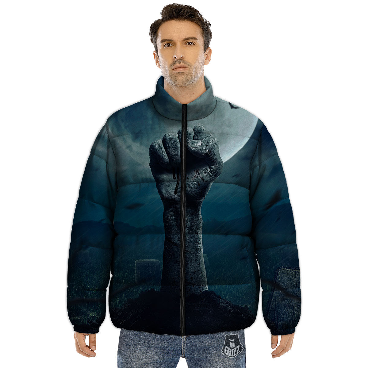 Zombie Hand Rising From Grave Print Puffer Jacket-grizzshop