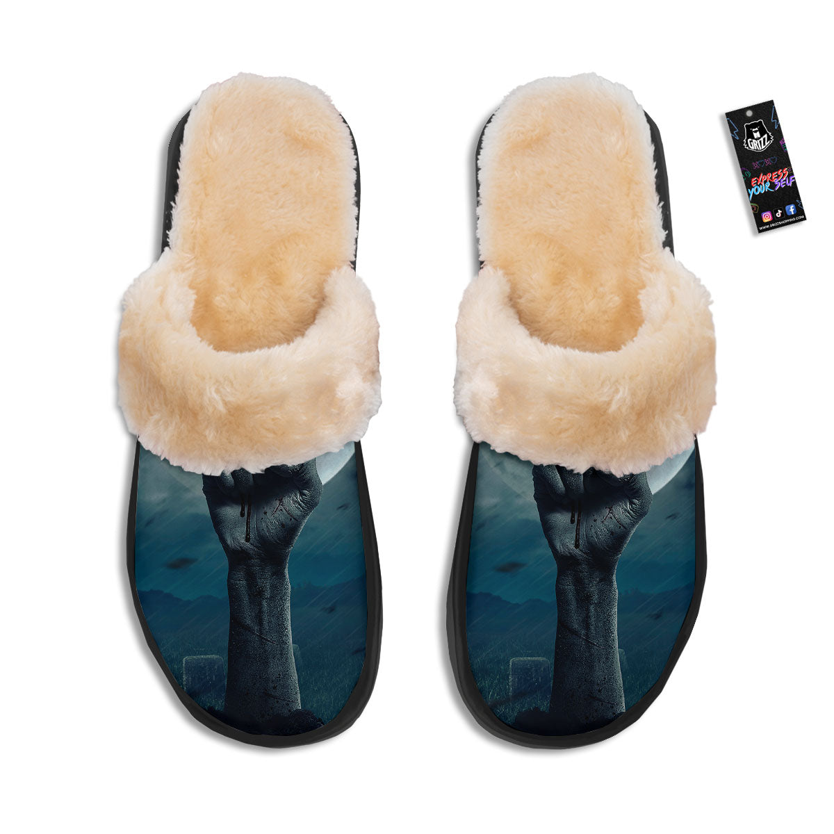Zombie Hand Rising From Grave Print Slippers-grizzshop