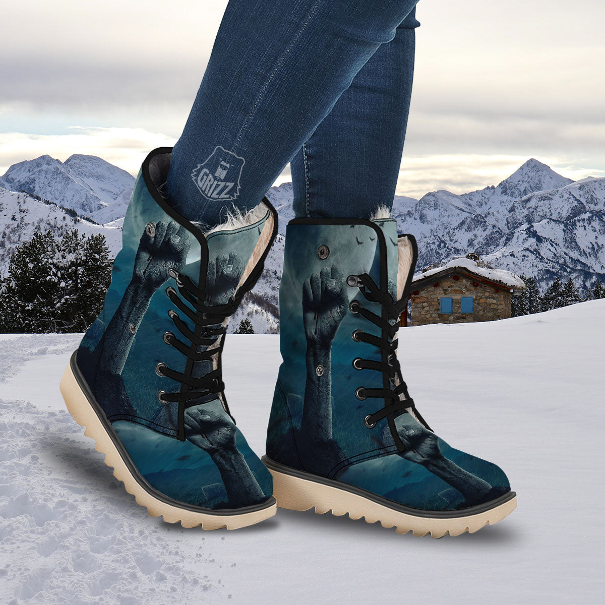 Zombie Hand Rising From Grave Print Snow Boots-grizzshop
