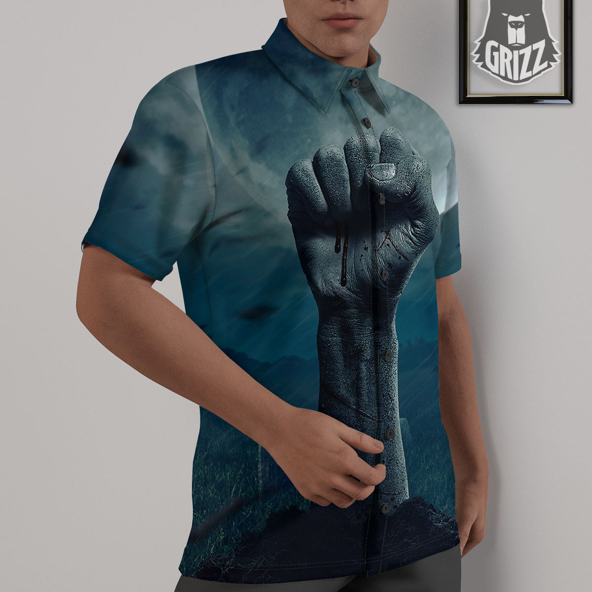 Zombie Hand Rising From Grave Print Untucked Shirts-grizzshop