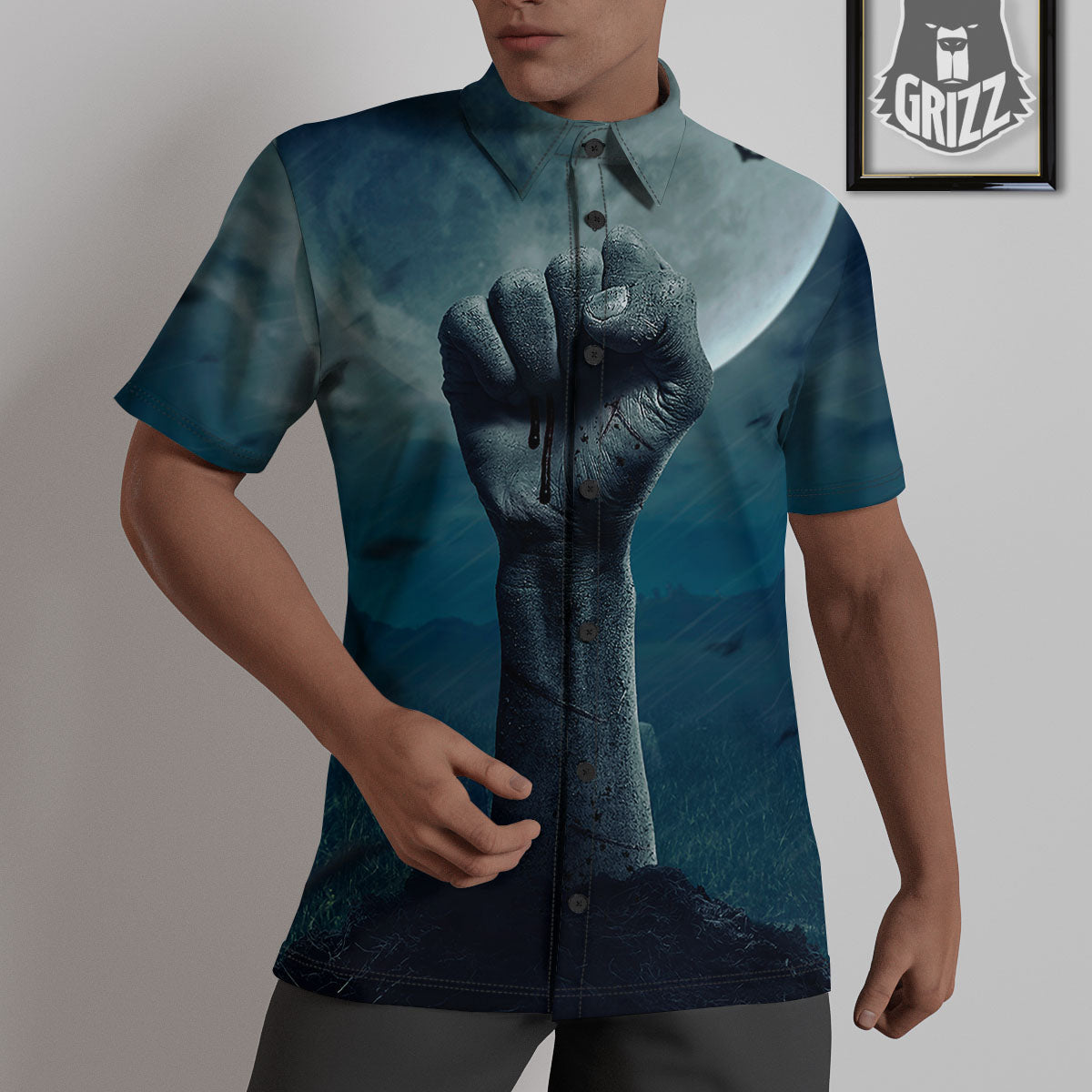 Zombie Hand Rising From Grave Print Untucked Shirts-grizzshop