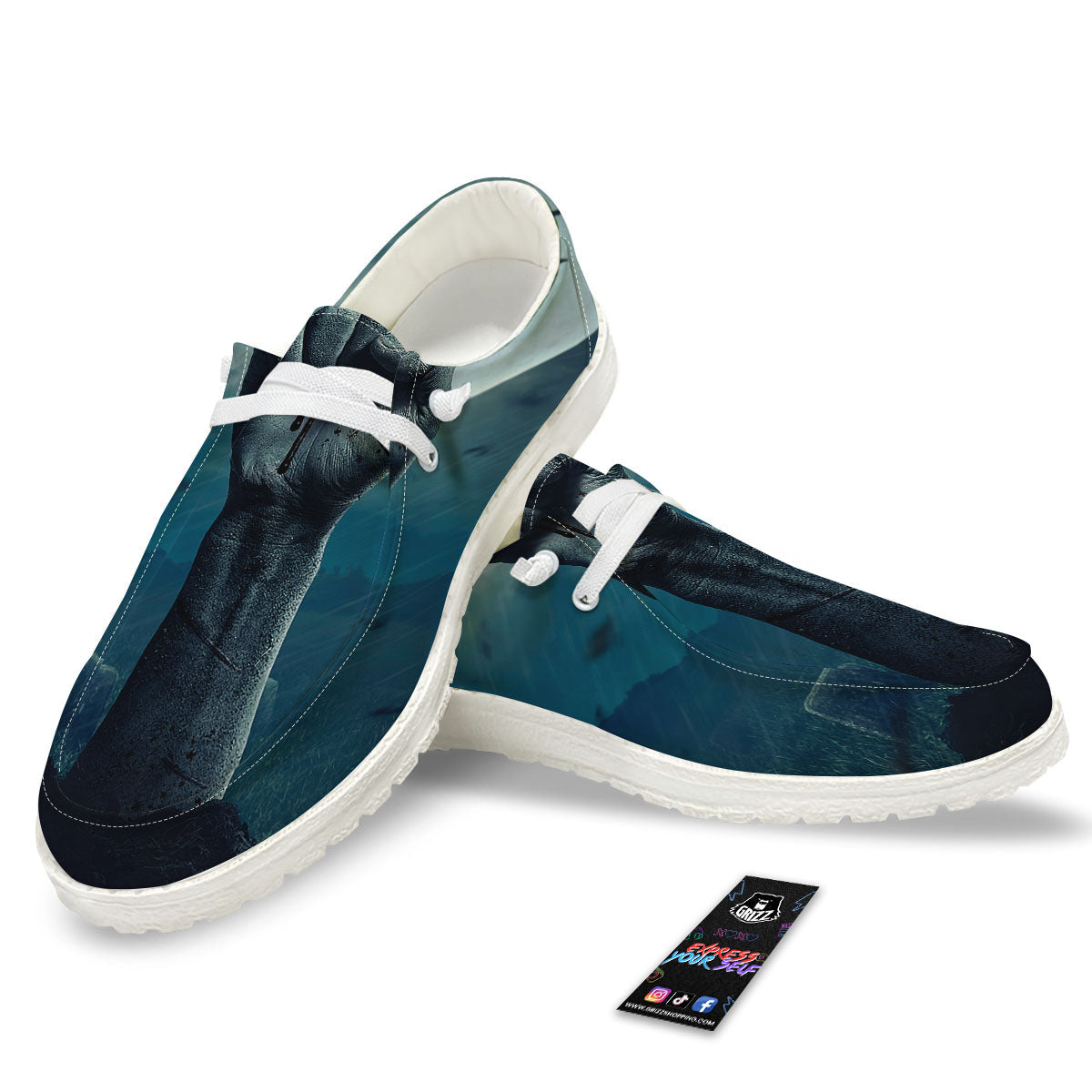 Zombie Hand Rising From Grave Print White Loafers-grizzshop
