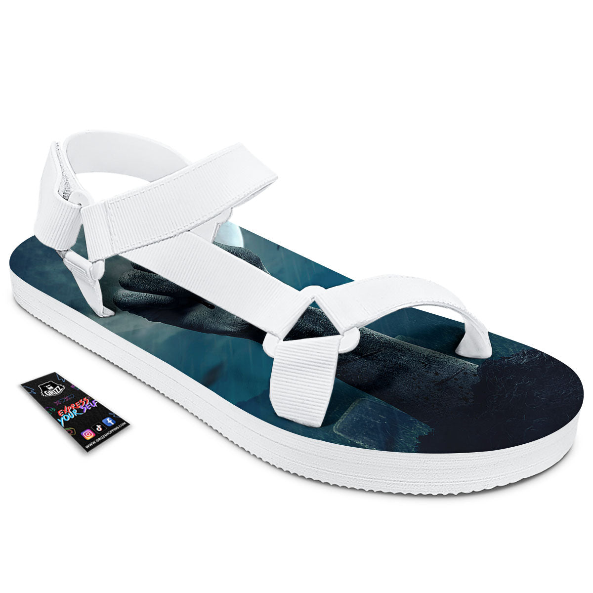 Zombie Hand Rising From Grave Print White Open Toe Sandals-grizzshop