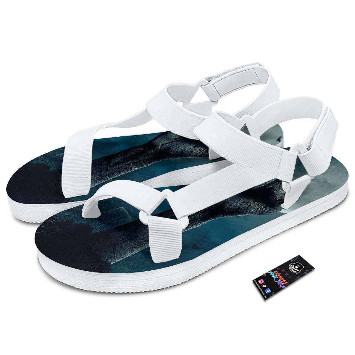Zombie Hand Rising From Grave Print White Open Toe Sandals-grizzshop