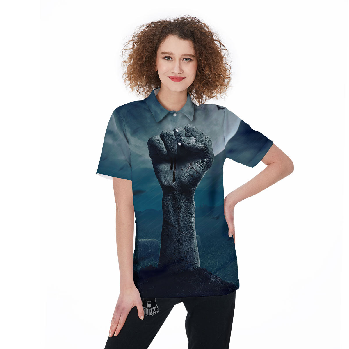 Zombie Hand Rising From Grave Print Women's Golf Shirts-grizzshop