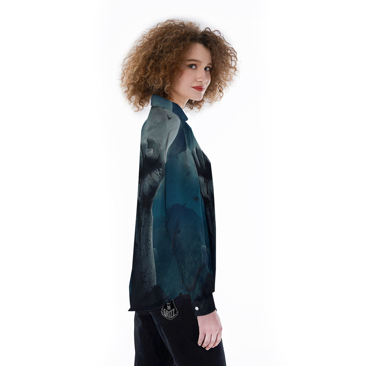 Zombie Hand Rising From Grave Print Women's Long Sleeve Shirts-grizzshop