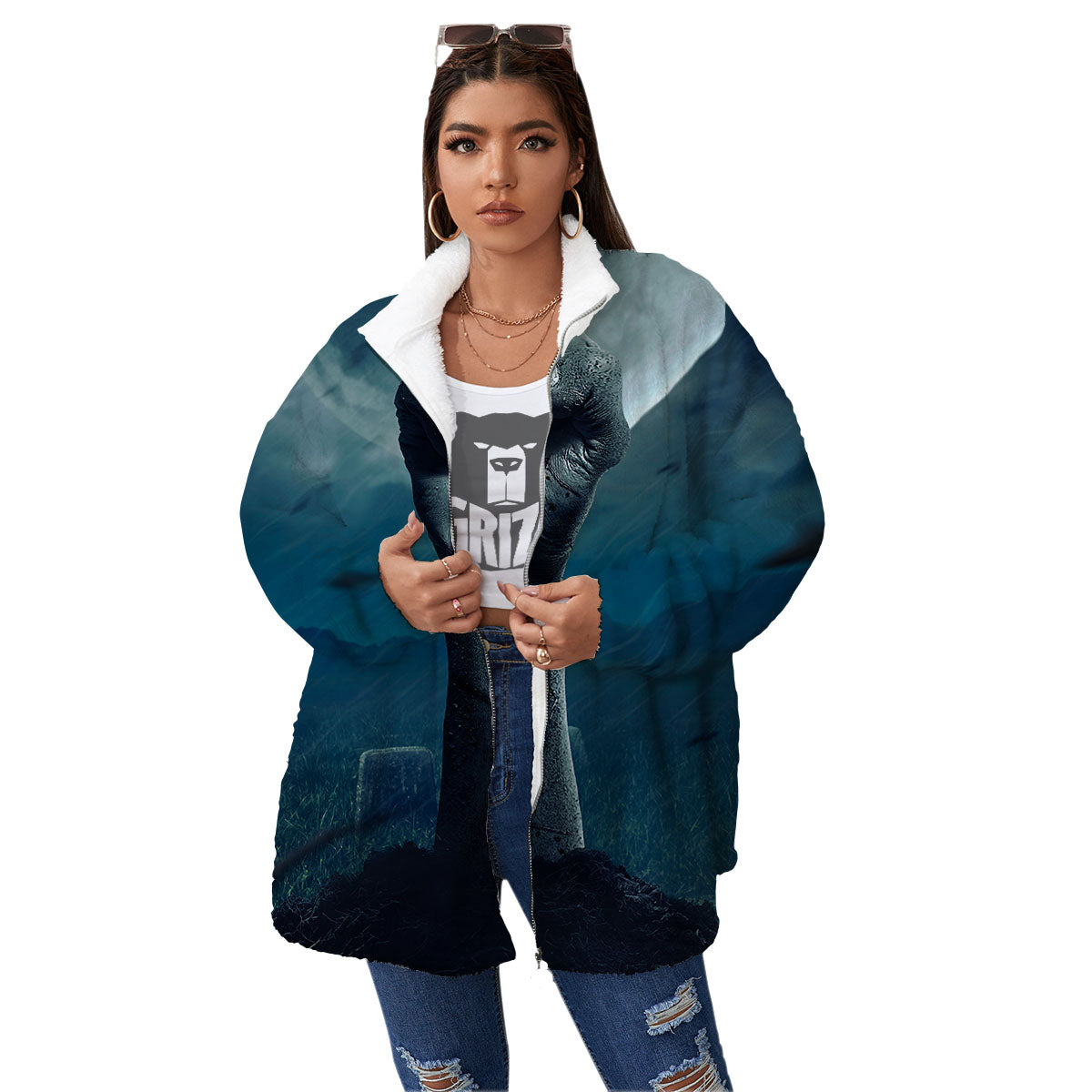 Zombie Hand Rising From Grave Print Women's Sherpa Jacket-grizzshop