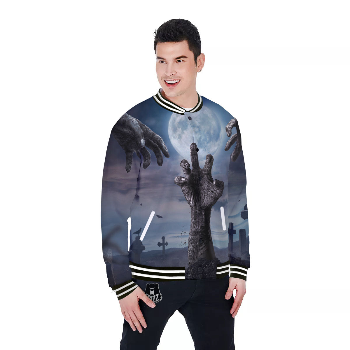 Zombie Hands Halloween Print Baseball Jacket-grizzshop