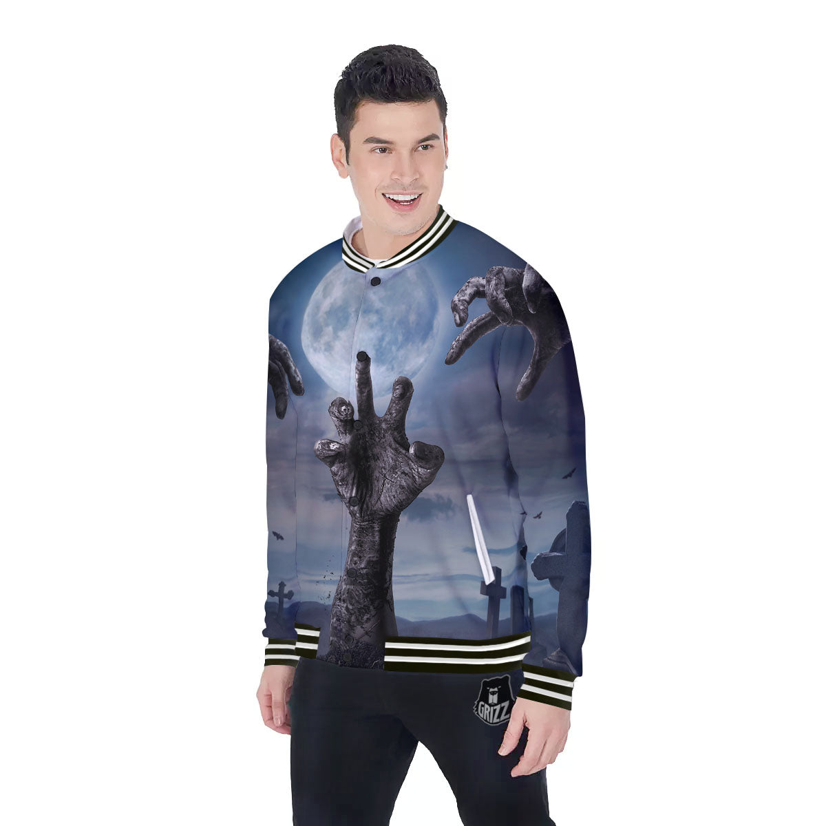 Zombie Hands Halloween Print Baseball Jacket-grizzshop