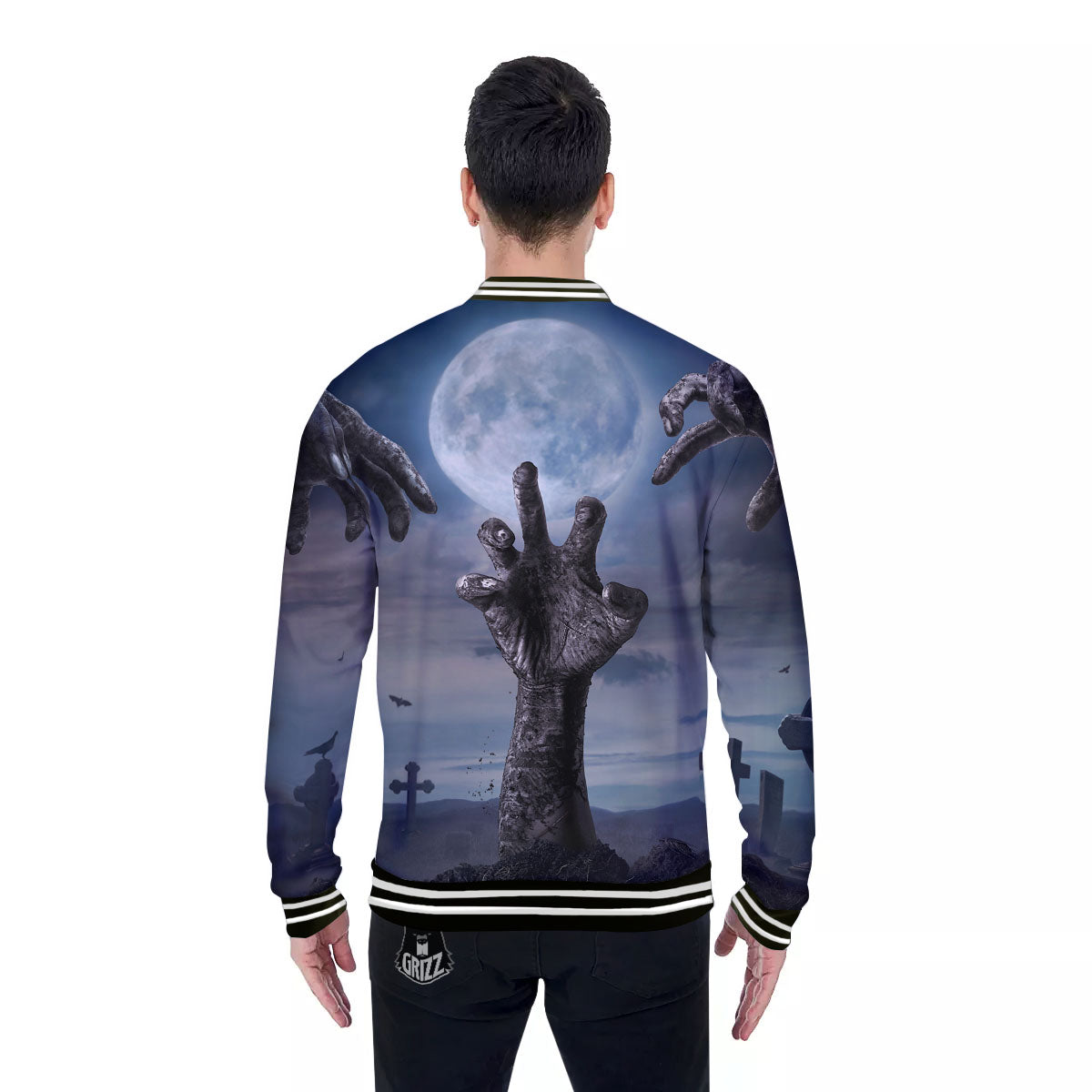 Zombie Hands Halloween Print Baseball Jacket-grizzshop