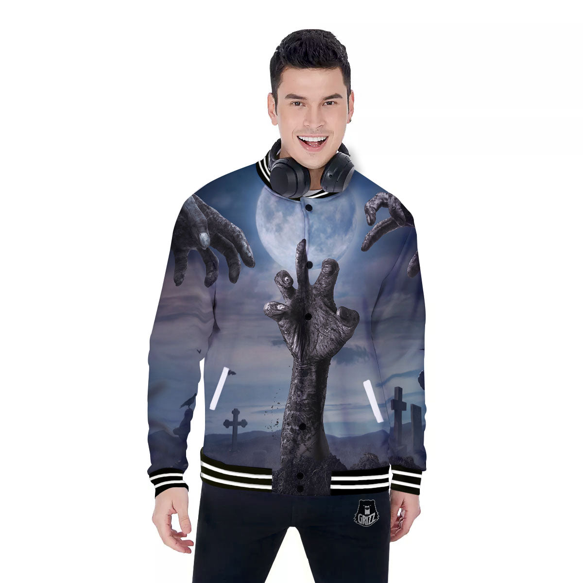 Zombie Hands Halloween Print Baseball Jacket-grizzshop