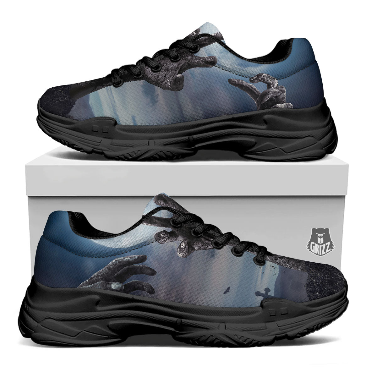 Zombie Hands Halloween Print Black Chunky Shoes-grizzshop