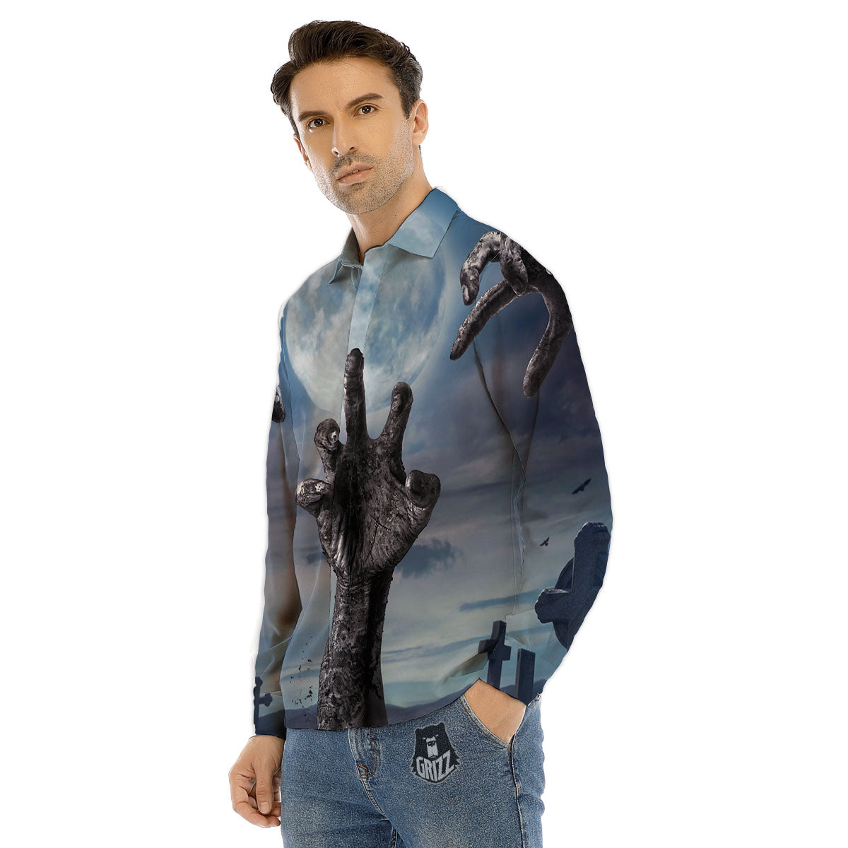 Zombie Hands Halloween Print Men's Dress Shirts-grizzshop