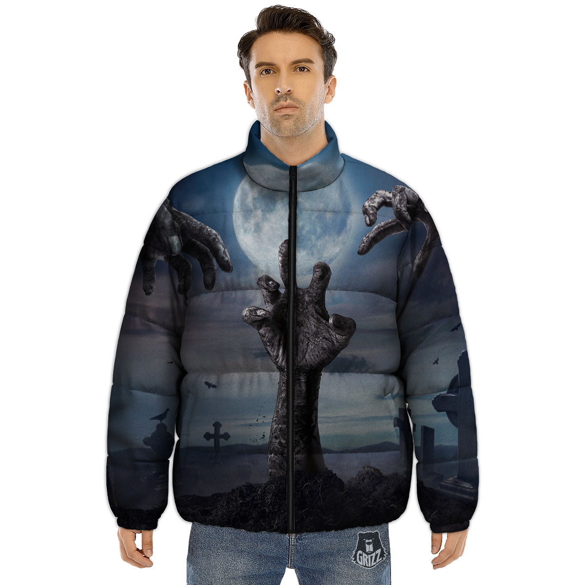 Zombie Hands Halloween Print Puffer Jacket-grizzshop