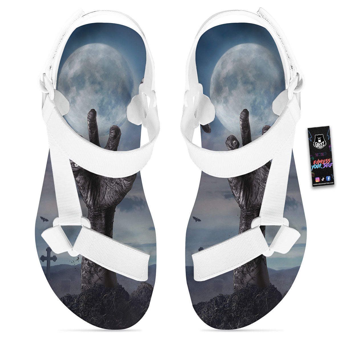 Zombie Hands Halloween Print White Open Toe Sandals-grizzshop