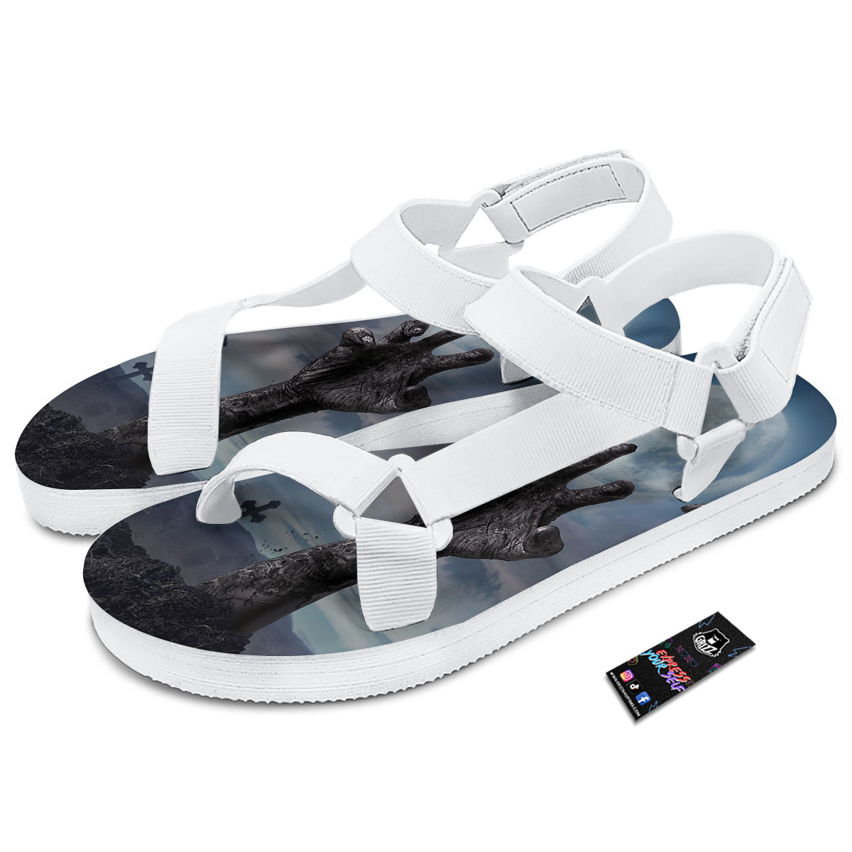 Zombie Hands Halloween Print White Open Toe Sandals-grizzshop
