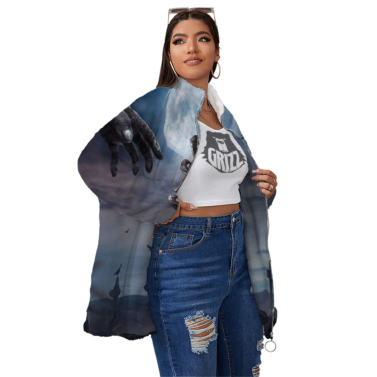 Zombie Hands Halloween Print Women's Sherpa Jacket-grizzshop