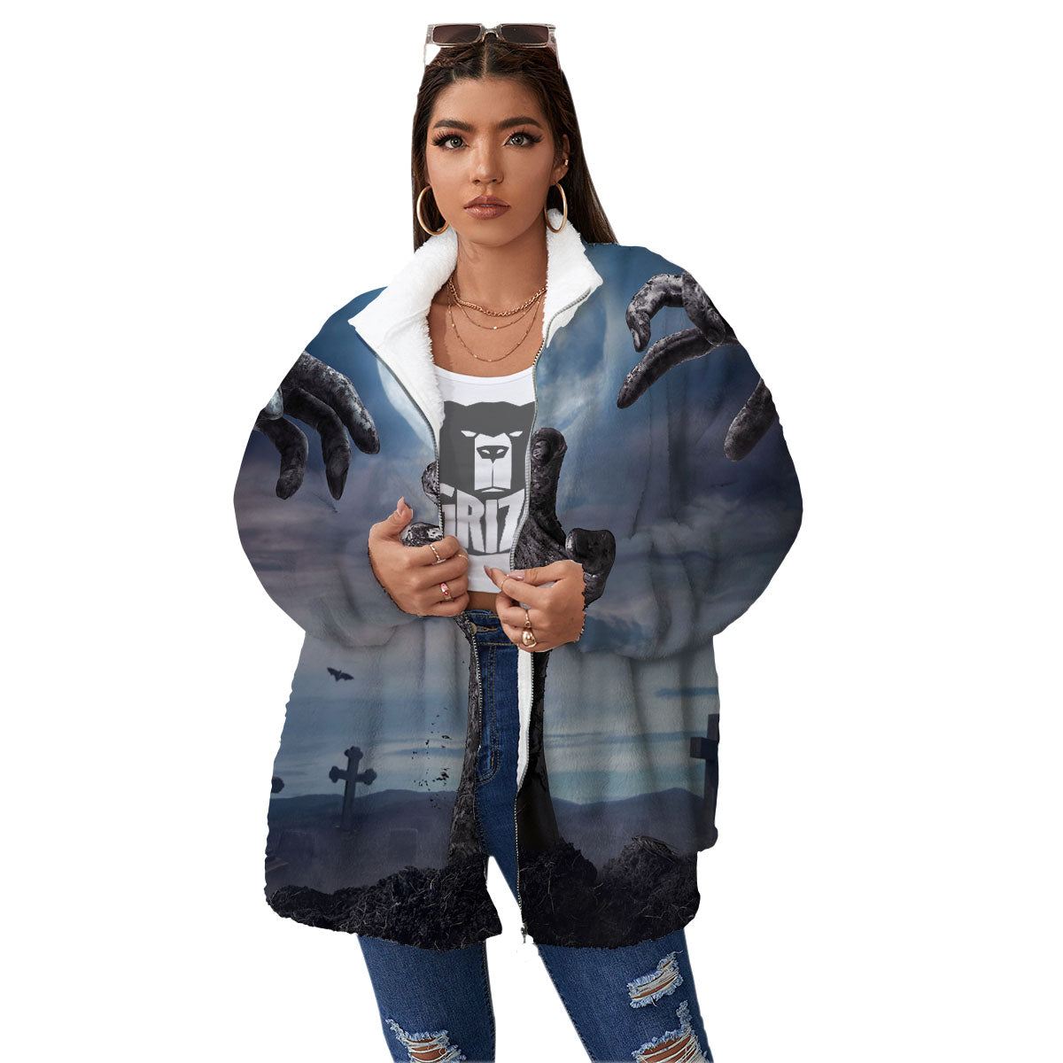 Zombie Hands Halloween Print Women's Sherpa Jacket-grizzshop