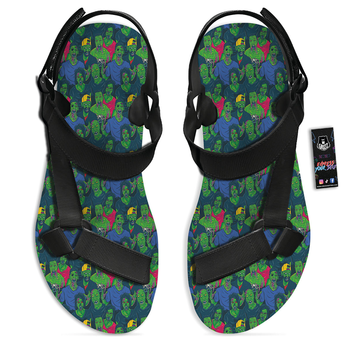 Zombie Print Pattern Black Open Toe Sandals-grizzshop