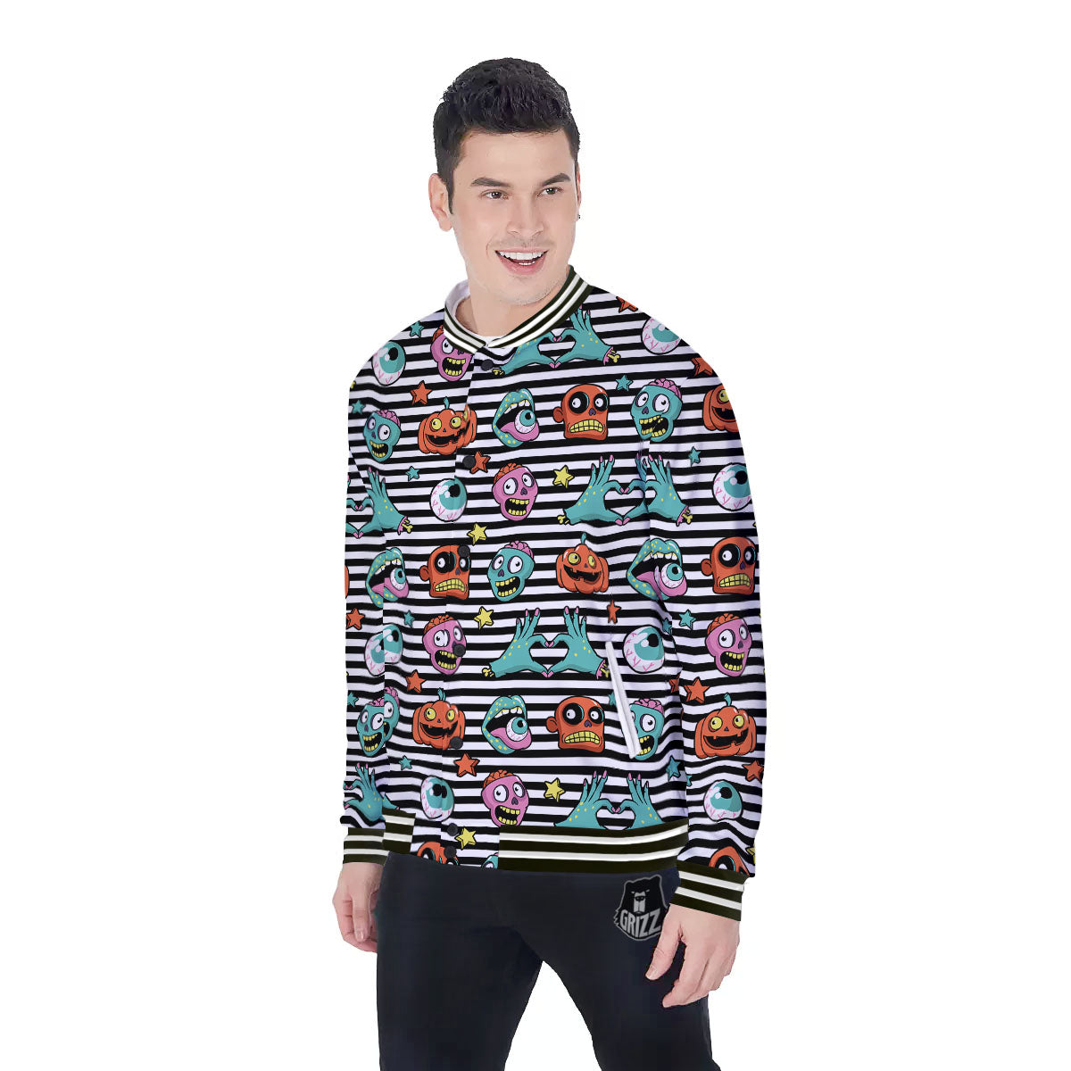 Zombie Striped Halloween Print Pattern Baseball Jacket-grizzshop