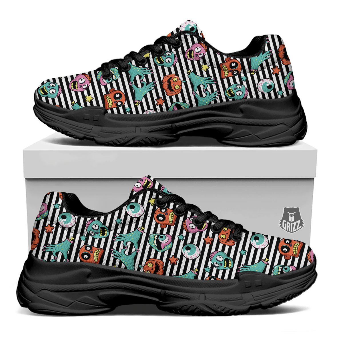 Zombie Striped Halloween Print Pattern Black Chunky Shoes-grizzshop