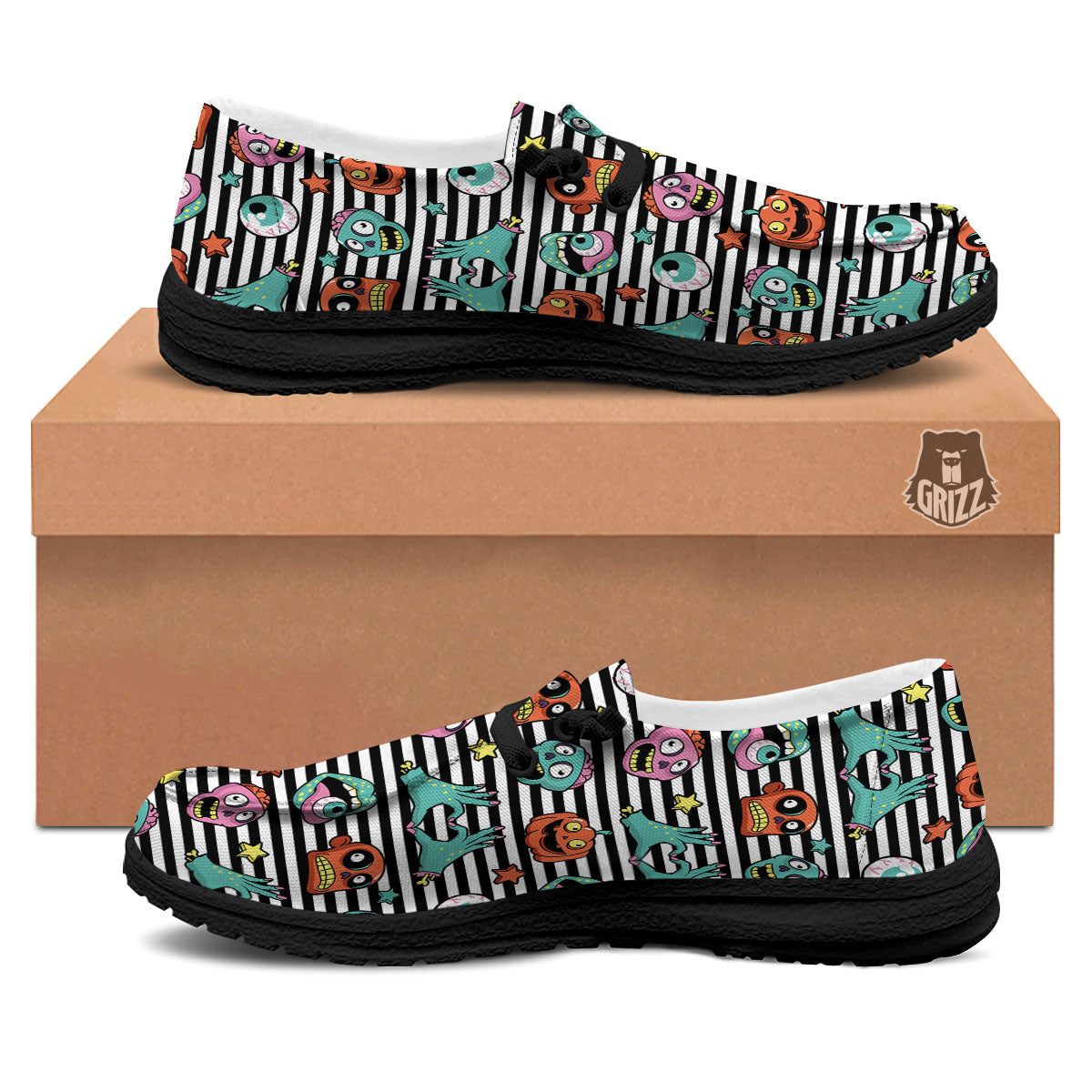 Zombie Striped Halloween Print Pattern Black Loafers-grizzshop