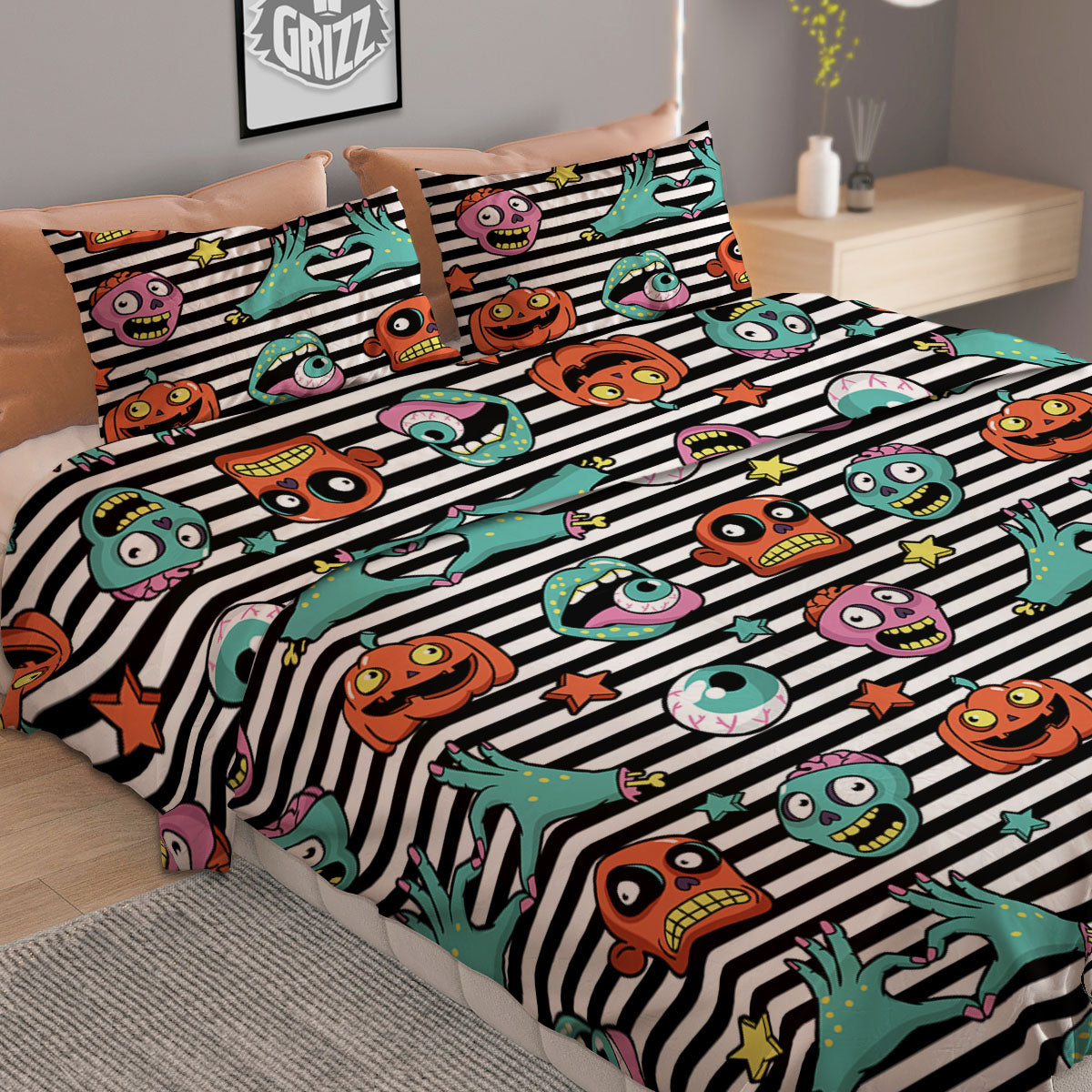 Zombie Striped Halloween Print Pattern Duvet Cover Bedding Set