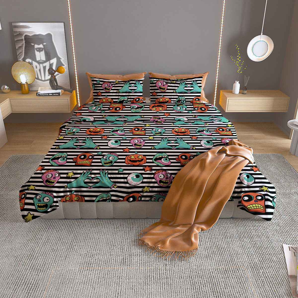 Zombie Striped Halloween Print Pattern Duvet Cover Bedding Set