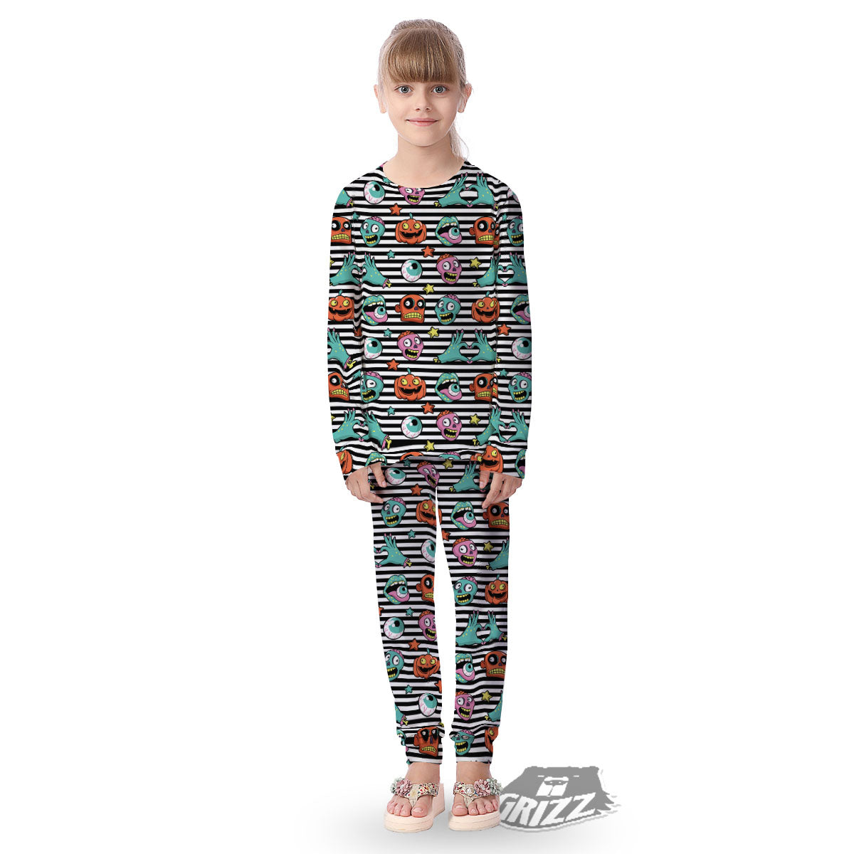 Zombie Striped Halloween Print Pattern Kid's Pajamas-grizzshop