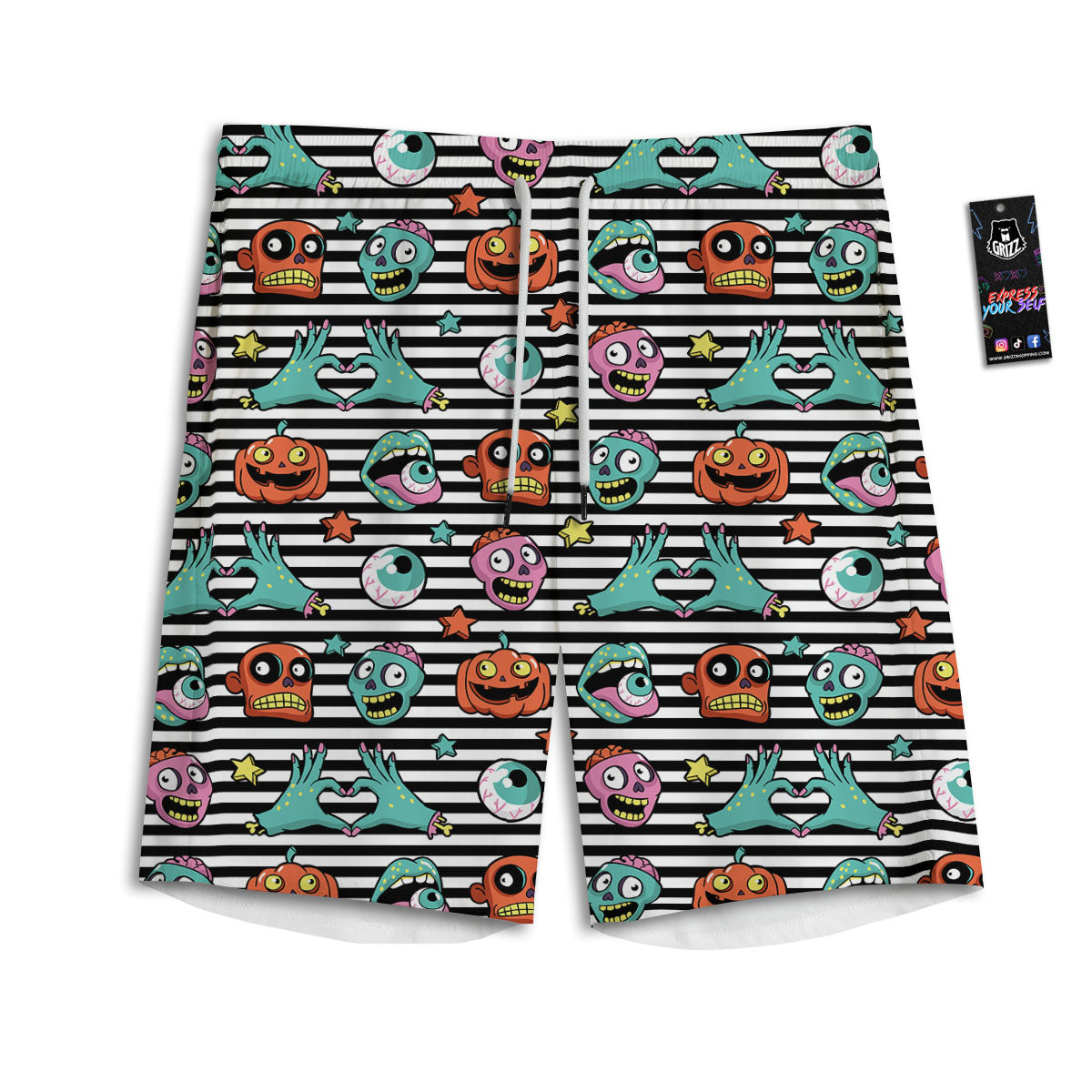 Zombie Striped Halloween Print Pattern Men's Athletic Shorts