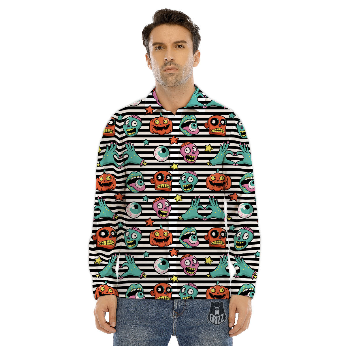 Zombie Striped Halloween Print Pattern Men's Dress Shirts-grizzshop