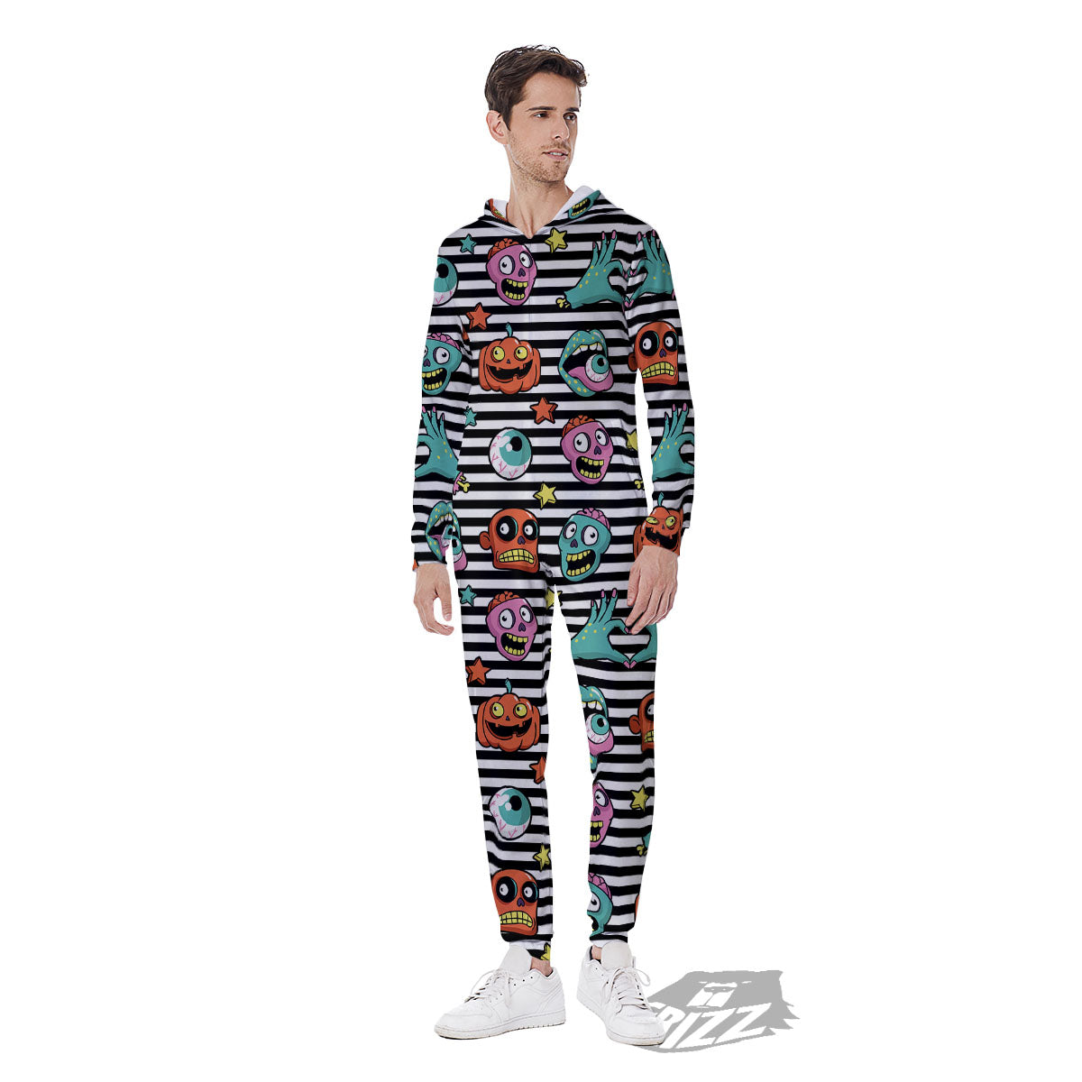 Zombie Striped Halloween Print Pattern Men's Jumpsuit-grizzshop