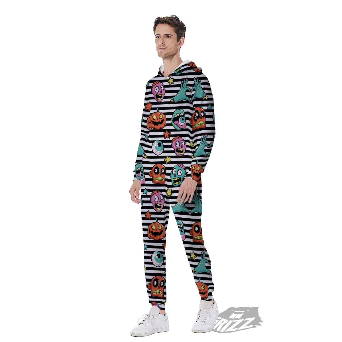 Zombie Striped Halloween Print Pattern Men's Jumpsuit-grizzshop