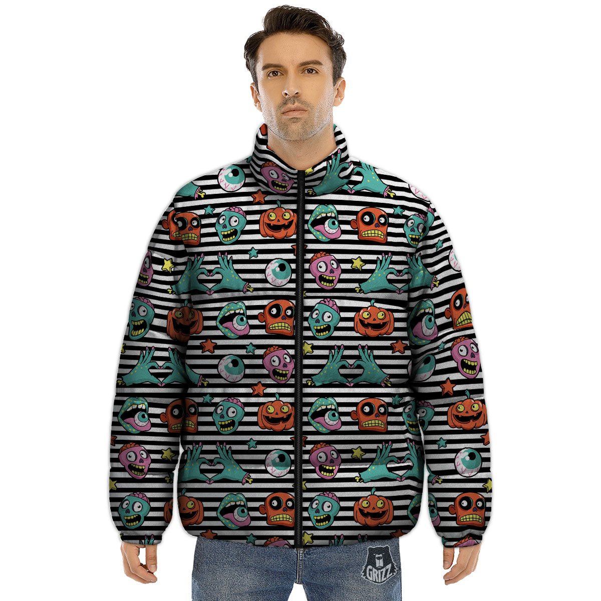 Zombie Striped Halloween Print Pattern Puffer Jacket-grizzshop