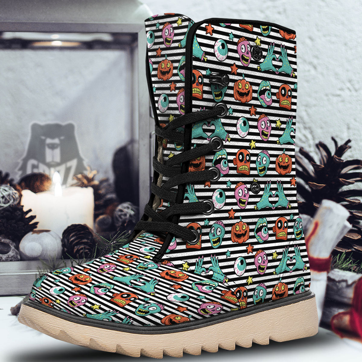 Zombie Striped Halloween Print Pattern Snow Boots-grizzshop