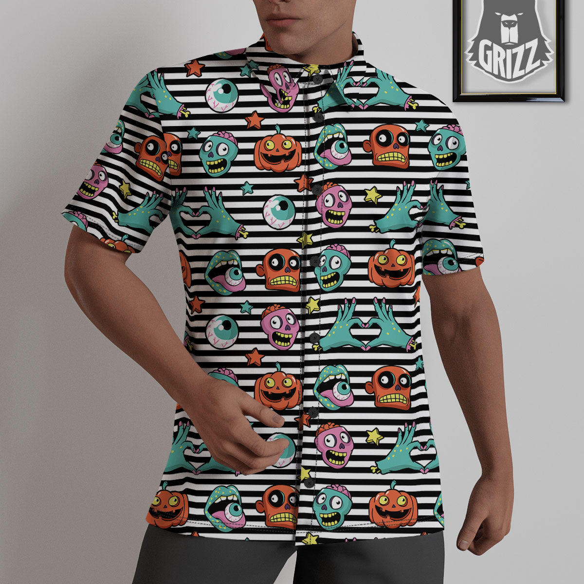 Zombie Striped Halloween Print Pattern Untucked Shirts-grizzshop