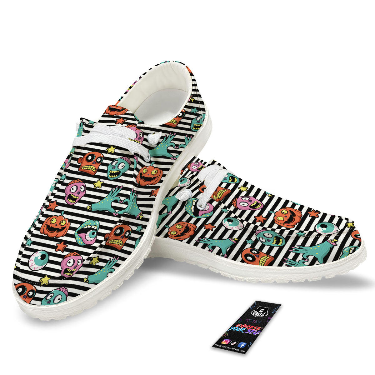 Zombie Striped Halloween Print Pattern White Loafers-grizzshop