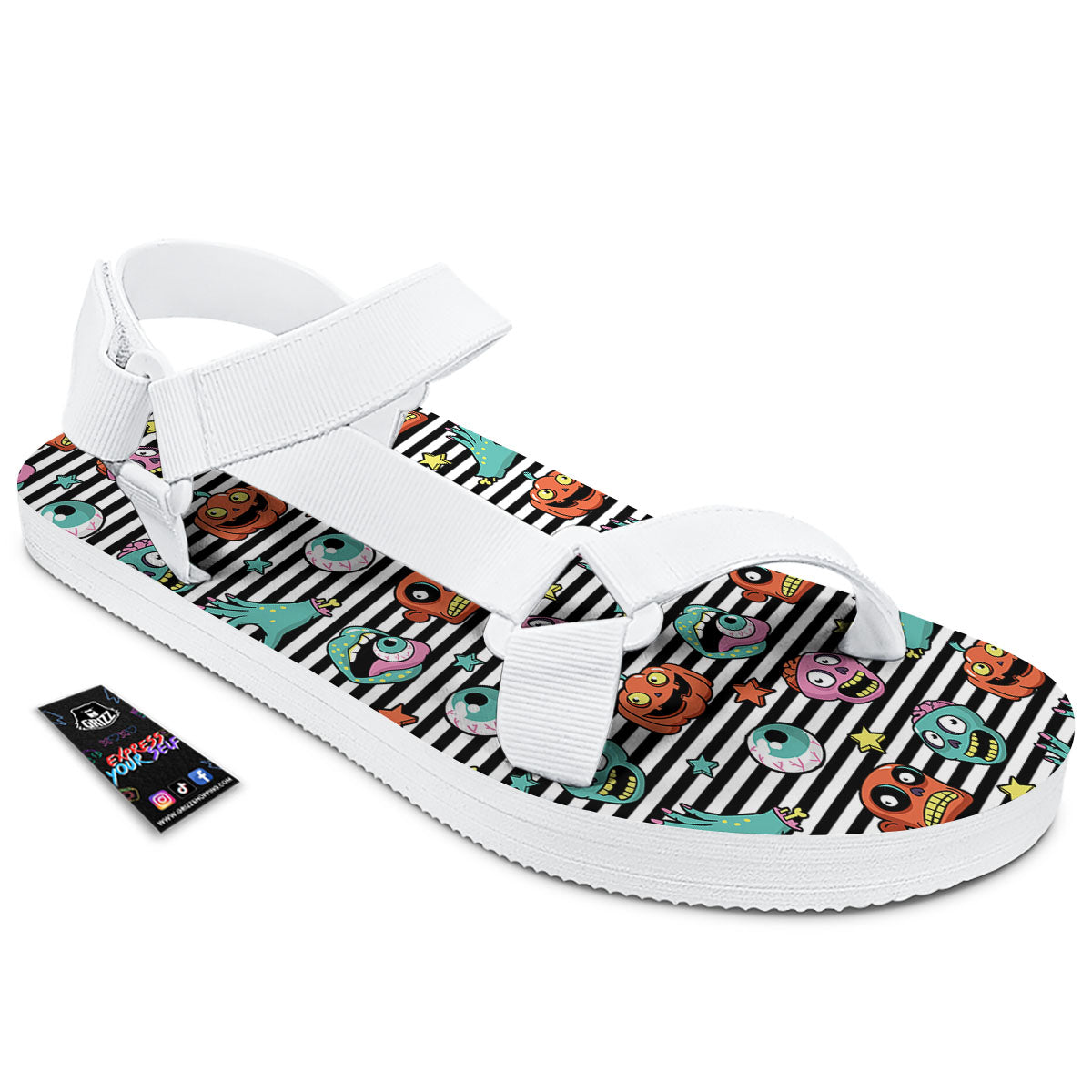 Zombie Striped Halloween Print Pattern White Open Toe Sandals-grizzshop