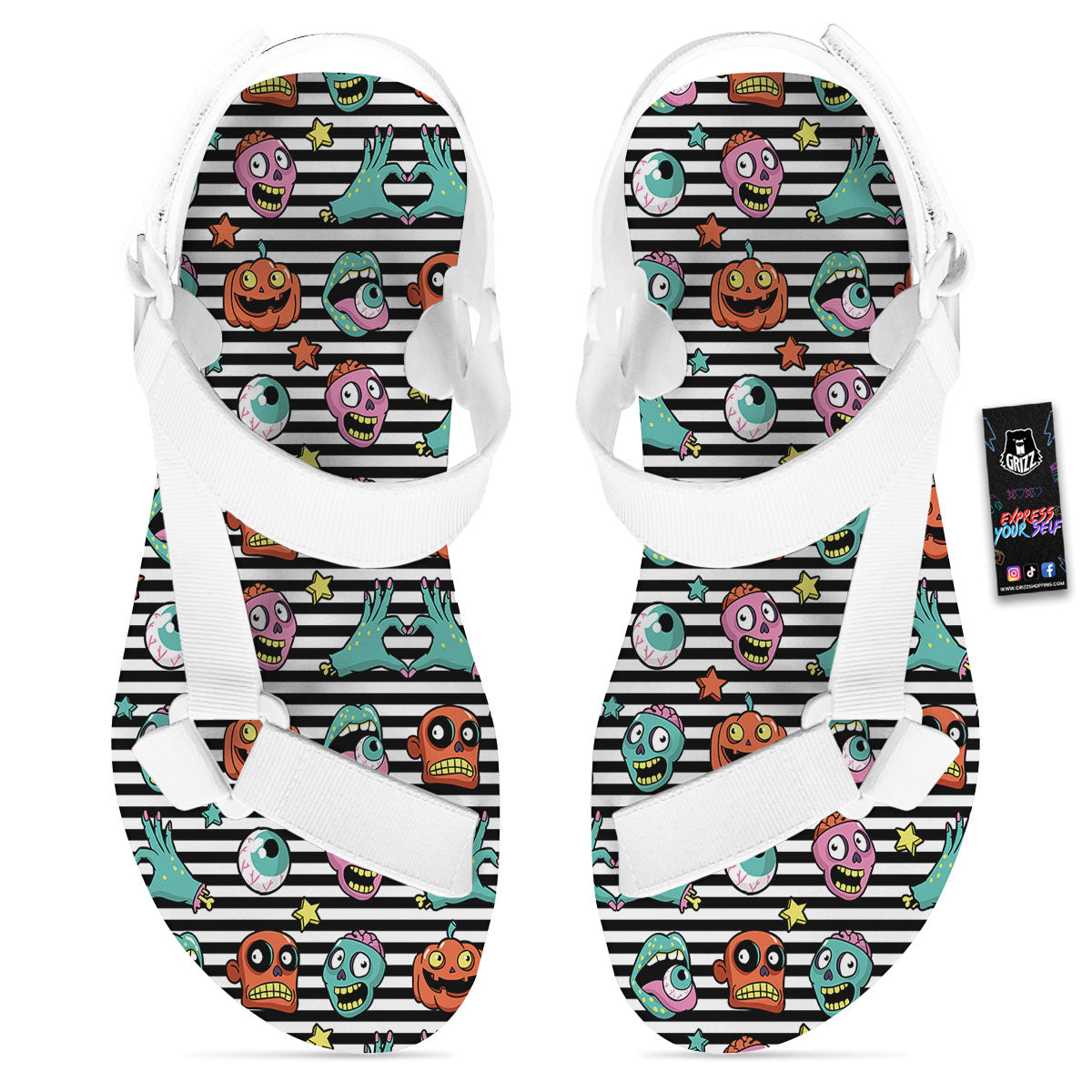 Zombie Striped Halloween Print Pattern White Open Toe Sandals-grizzshop