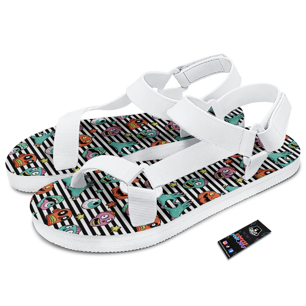 Zombie Striped Halloween Print Pattern White Open Toe Sandals-grizzshop
