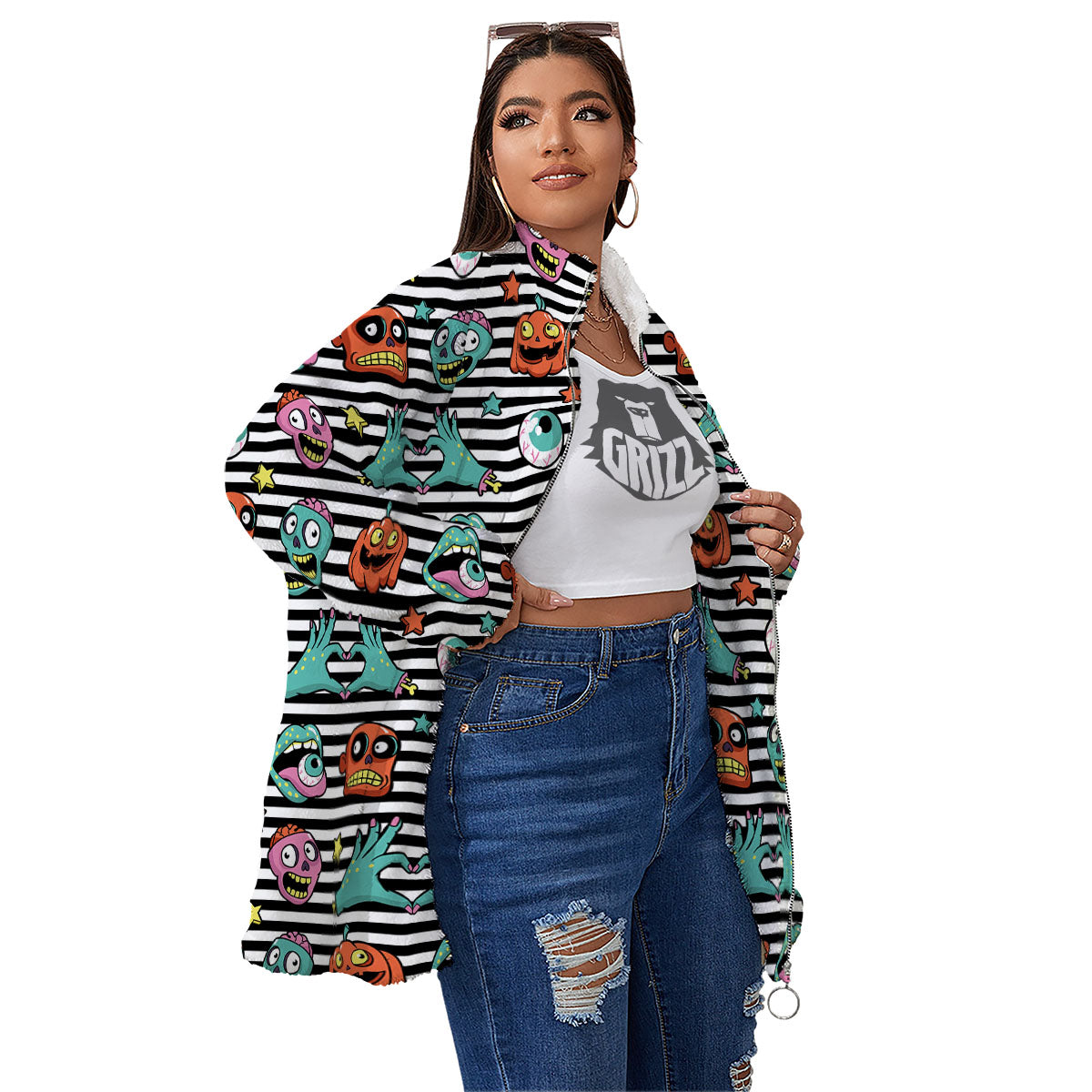 Zombie Striped Halloween Print Pattern Women's Sherpa Jacket-grizzshop