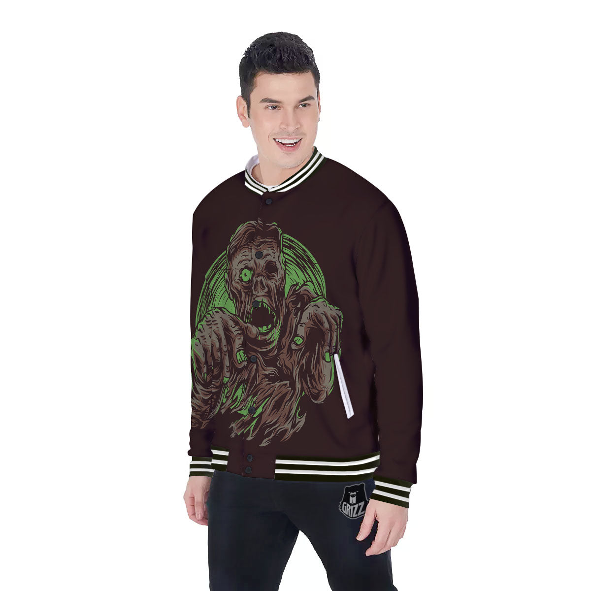 Zombie Walking Green Print Baseball Jacket-grizzshop