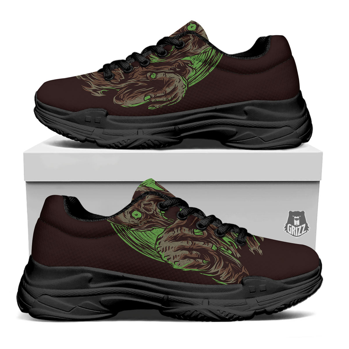 Zombie Walking Green Print Black Chunky Shoes-grizzshop